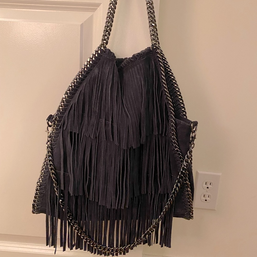 Navy blue suede fringe should bag